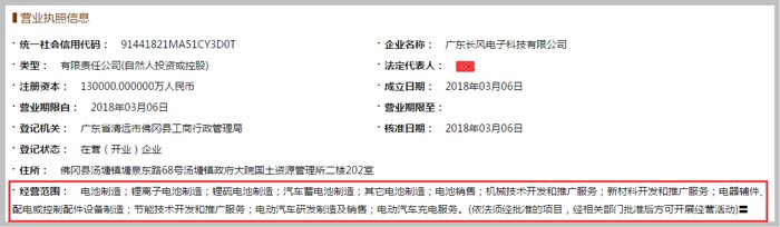 長風電子科技公司經營范圍截圖