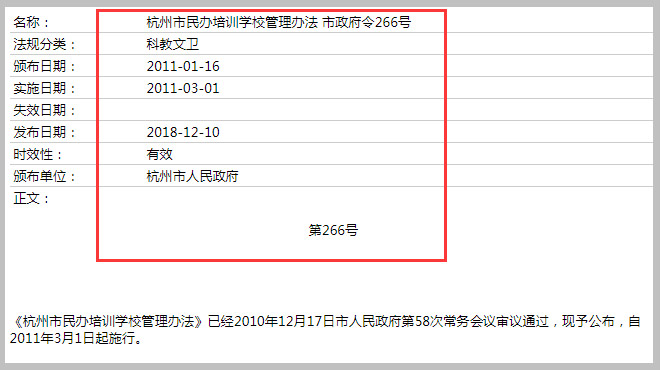 《杭州市民辦培訓(xùn)學(xué)校管理辦法 市政府令266號(hào)》截圖